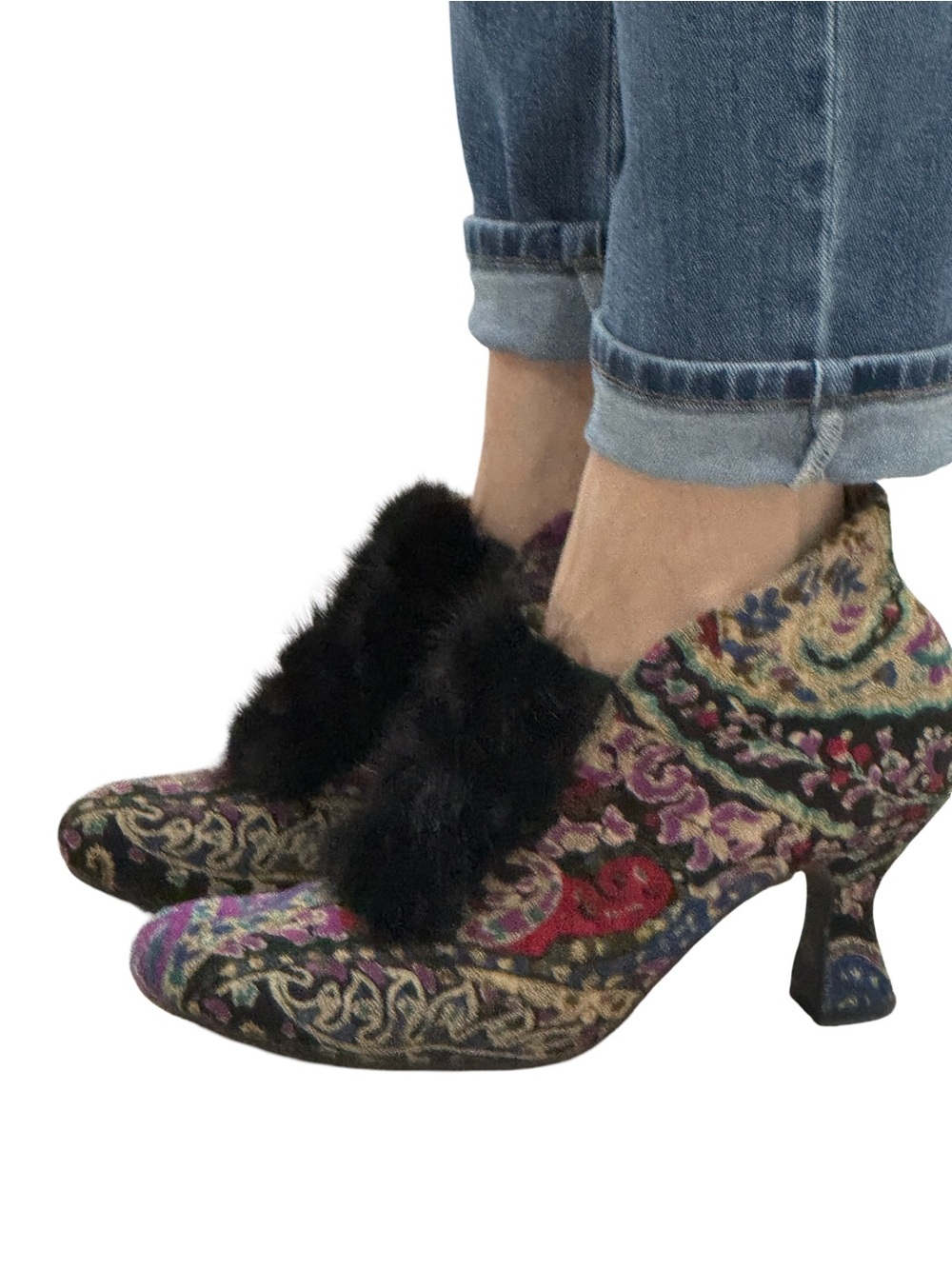 Baci Vintage-Inspired Floral Ankle Heels with Black Fur Trim
